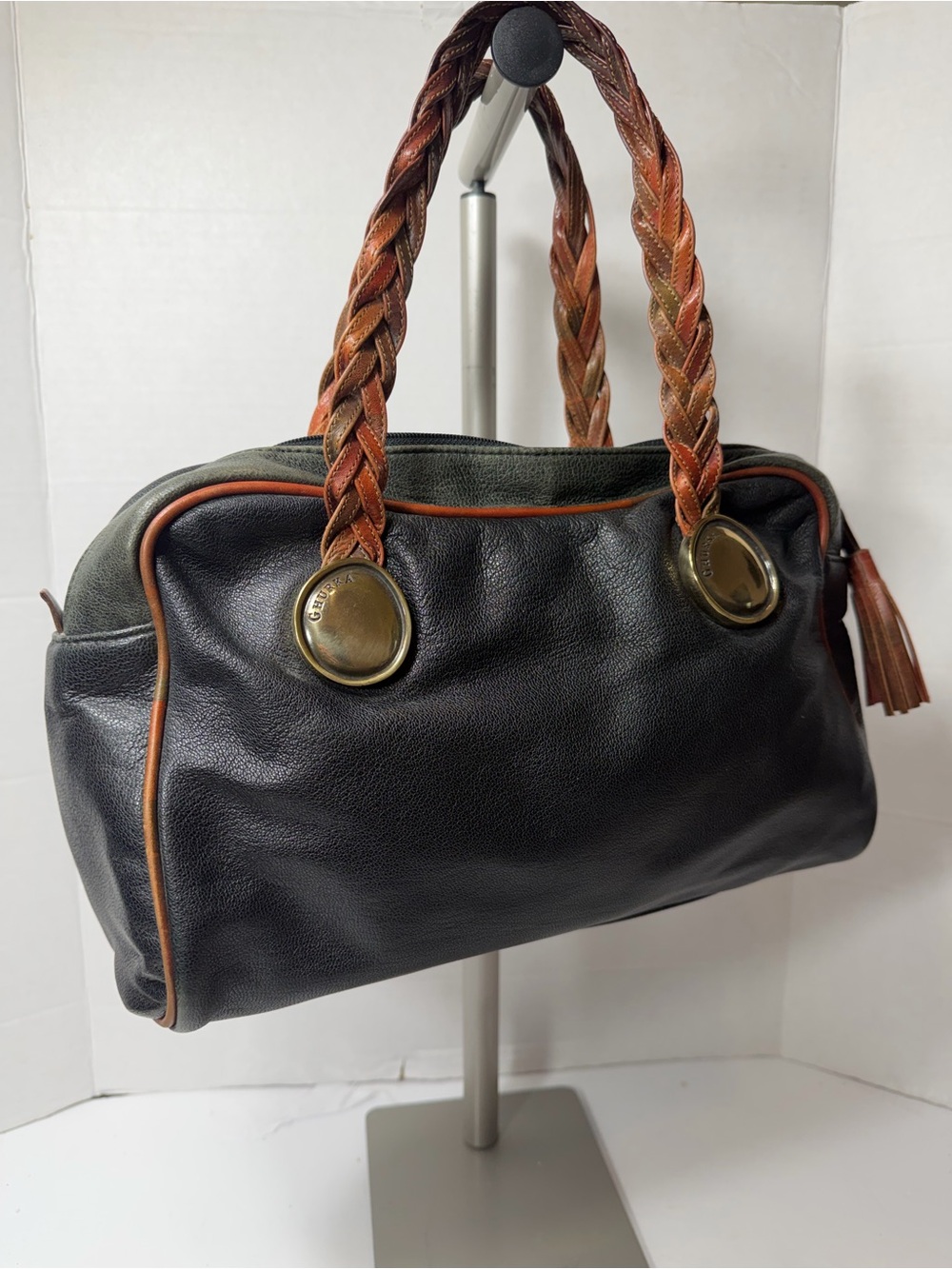 VINTAGE GHURKA MARLEY HODSON SATCHEL BAG BLACK  LEATHER HANDBAG